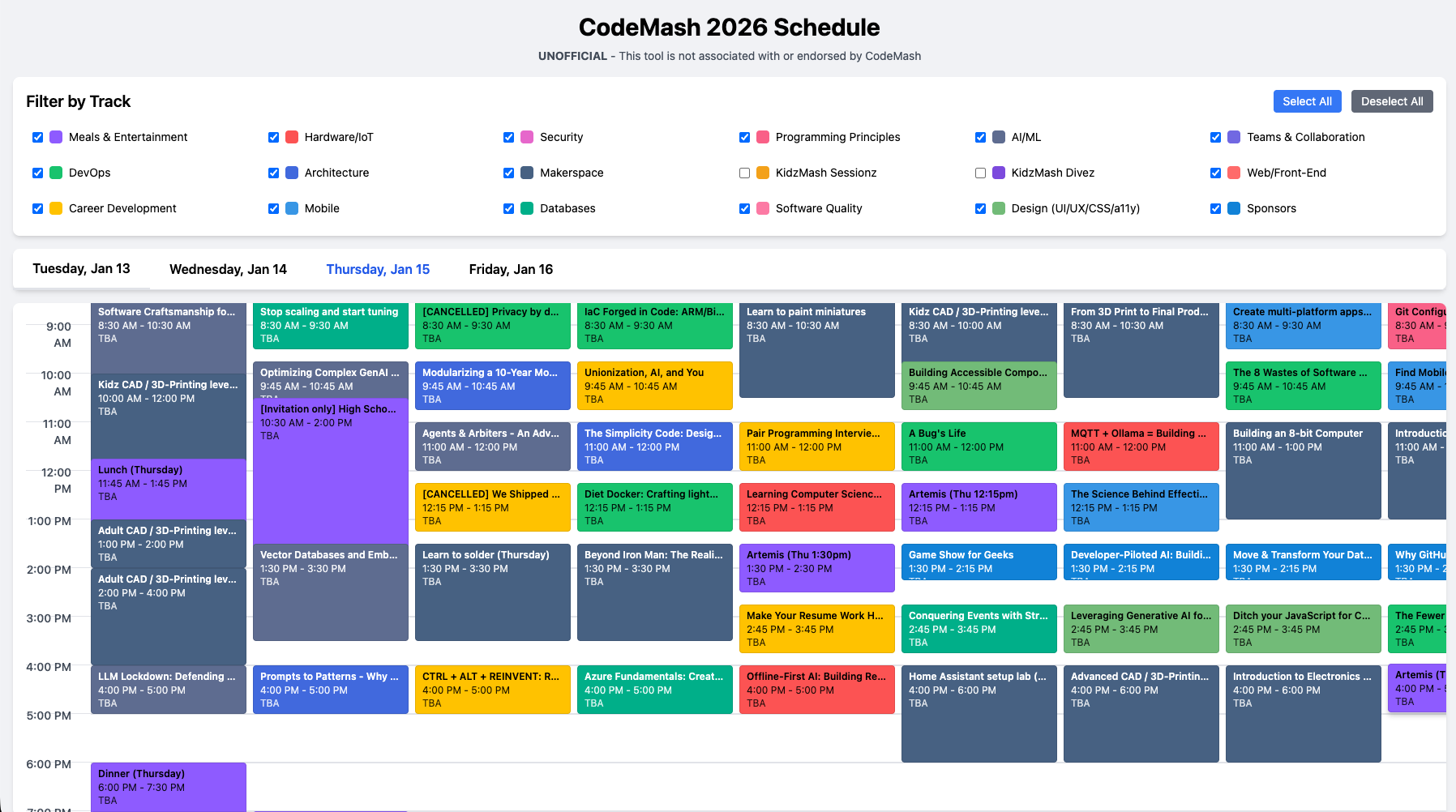 Calendar block view of Codemash sessions for Thursday, Jan 16, 2026